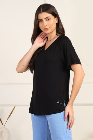 Black Solid Nursing Top with Side Zip Access