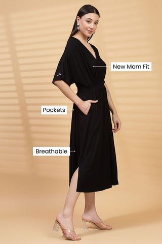 Black Solid Smocked Waist Zipless Feeding Dress