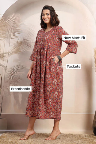 Rust Printed Maternity & Feeding Dress