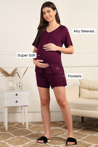 Burgundy Maternity Nursing Top & Shorts Set