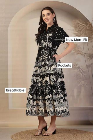 Black & White Bordered Floral Printed Maternity Zipless Feeding Tiered Dress - House Of Zelena™