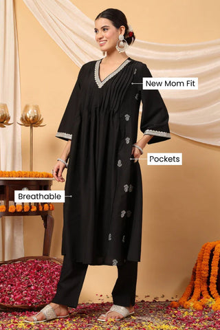 Elegant Black Festive Glow Maternity Feeding Suit Set