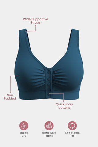 Model wearing Airforce Bra; ruched center accommodates breast size changes.