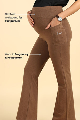 Fit & Flare Cotton Melange Brown Maternity Pants (Pregnancy & Postpartum)