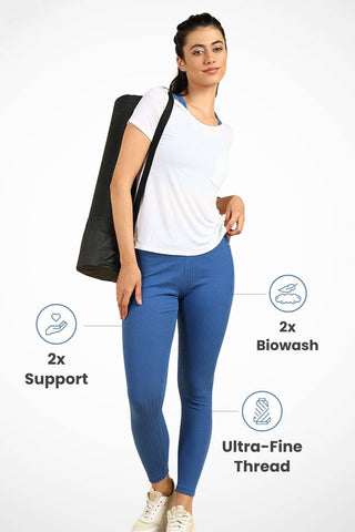 Blue Ribbed Mom Legging; ribbed texture adds style and ensures garment retains shape.