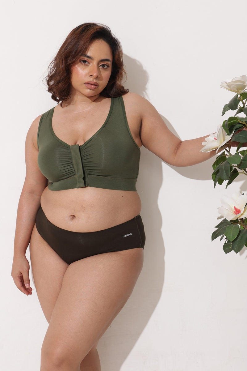 Ruched Tape-Button Nursing Bra - Forest Green