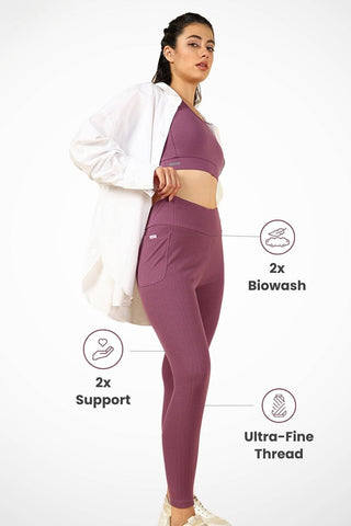 Rosewood Ribbed Mom Legging; ribbed texture adds style and ensures garment retains shape.