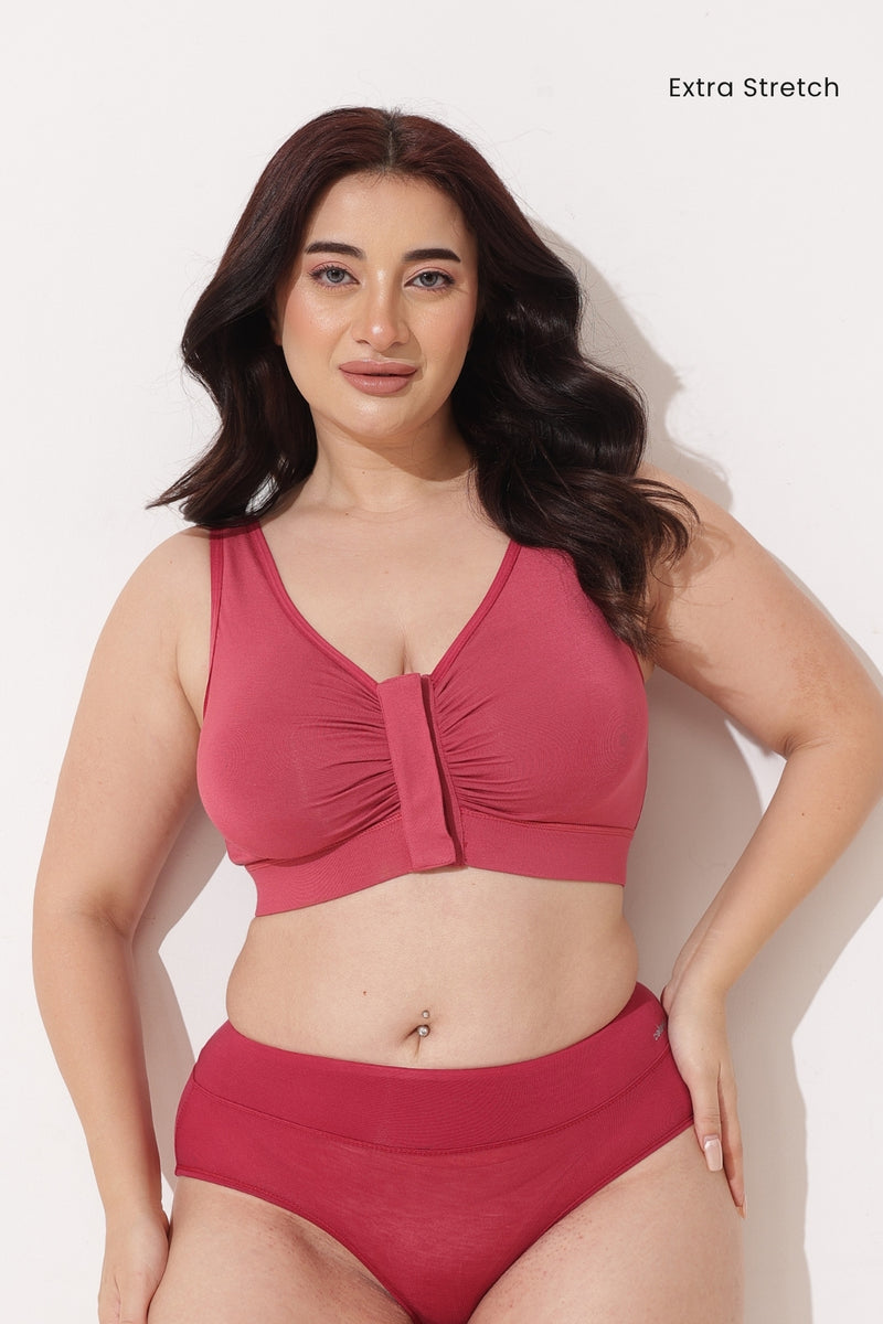 Ruched Tape-Button Nursing Bra - Red