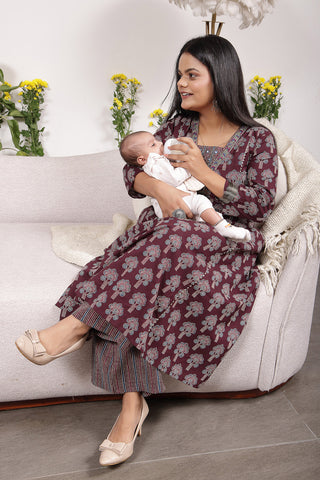 Side profile of the Ethnic Cotton Tiered Kurti for Feeding Kurti, demonstrating the comfortable A-line fit for pregna...