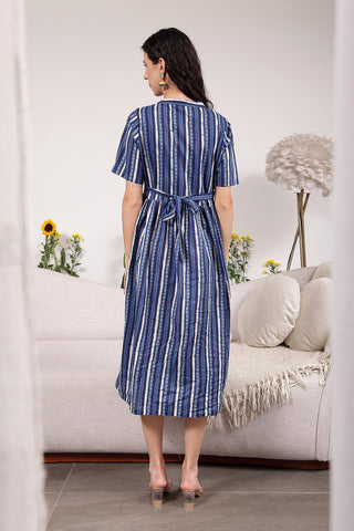 Close Up of Cotton Fabric Detail on Mehr – The Festive Zipless Feeding Lapel Dress- Navy Blue