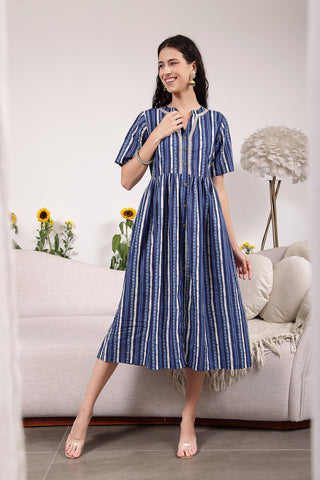 Mehr – The Festive Zipless Feeding Lapel Dress- Navy Blue Front View - Blue Cotton Maternity Dress with Feeding Zips