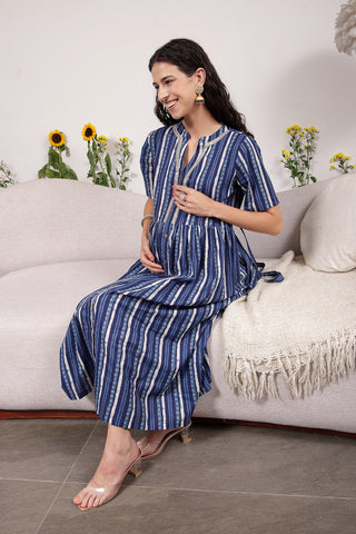 House of Zelena Mehr – The Festive Zipless Feeding Lapel Dress- Navy Blue - Trusted by Mothers for Quality