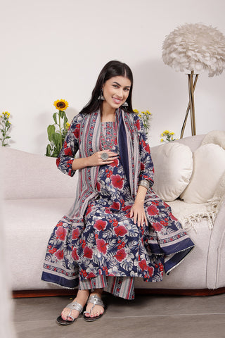 Navy Blue 100% Cotton Kurta Set: Discreet Zips for easy nursing, featuring a Relaxed Maternity silhouette.