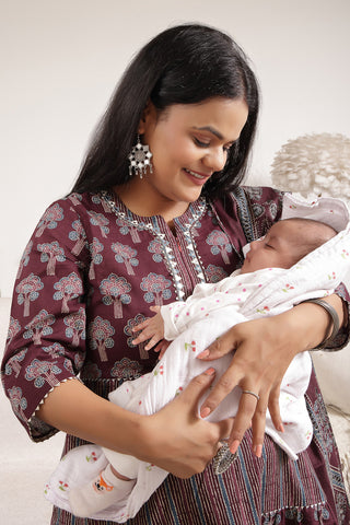Detailed shot of the sleeves and cuff design on the Ethnic Cotton Tiered Kurti for Feeding Kurti.