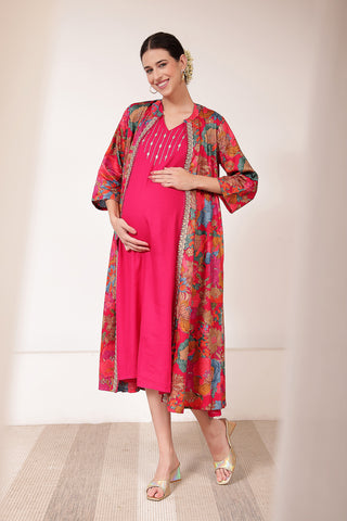 Laila – The Jewel-Tone Feeding Jacket Dress Set Front View - Bright Magenta Soft Maternity Dress with Feeding Zips