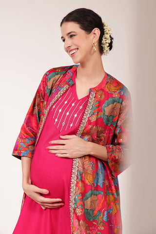 Elegant Bright Magenta Look of Laila – The Jewel-Tone Feeding Jacket Dress Set - Perfect for Any Occasion