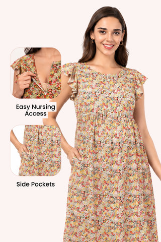 Ditsy Yellow Floral Bloom Zip Feeding Dress