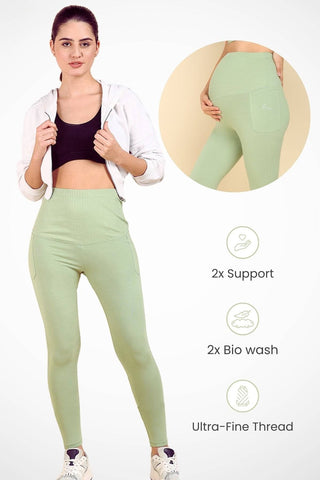 Pistachio Ribbed Legging; four-way stretch fabric accommodates rapid body changes during pregnancy.