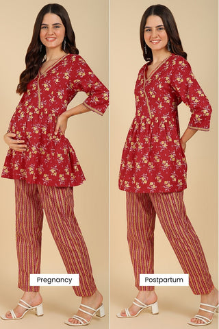 Red Floral Printed Maternity Co-ord Set