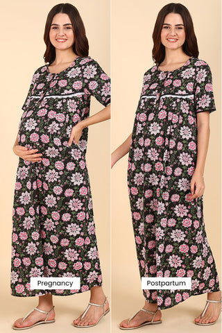 Black Floral Printed 100% Soft Cotton Zipless Maternity Maxi