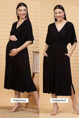 Black Solid Smocked Waist Zipless Feeding Dress