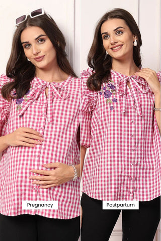 Ruffled Rosy Pink and White Checkered Zipless Feeding Maternity Top