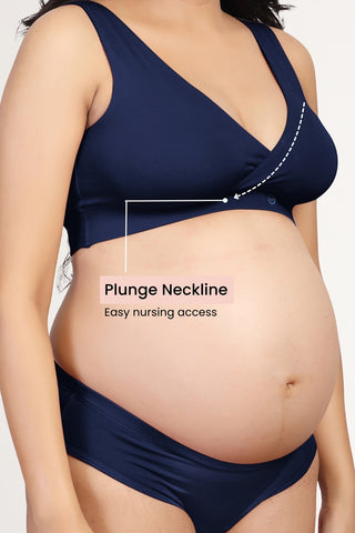 Navy Feeding Bra; modal stretch fabric allows movement for comfortable latching.