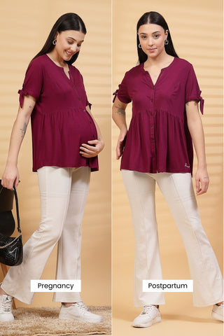 Burgundy Solid Button Top For Zipless Feeding