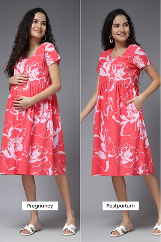 Coral Blossom Cotton Maternity Zipless Feeding Dress