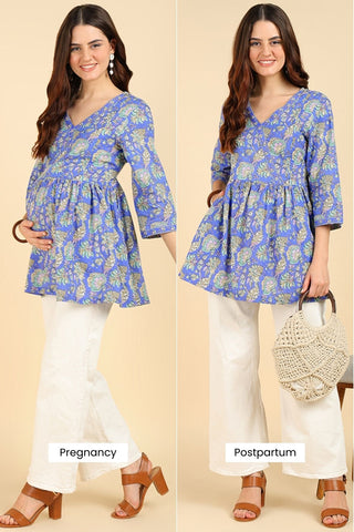 Blue Floral Printed Short Top for Feeding