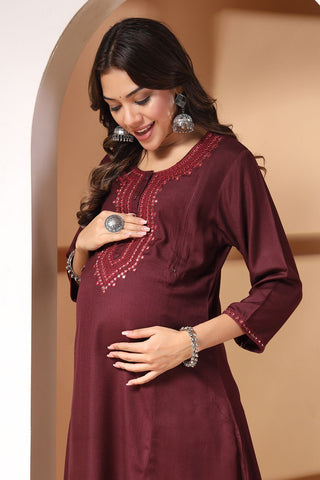 Majestic Maroon Maternity Feeding Kurta Set