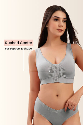 Silver Grey Front-Open Bra; close-fitting design ensures the bra stays secure on the body.
