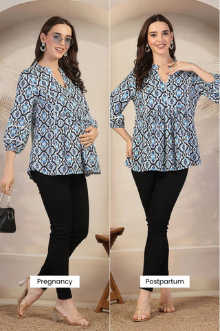 Geometric Print Rayon Maternity Feeding Top - 3/4th Sleeves