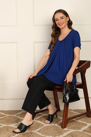 Blue Front & Back Pleated Zipless Nursing Top
