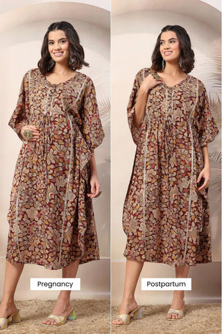 Maroon Enchanting Floral Zipless Feeding Maternity Kaftan