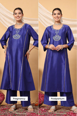 Majestic Blue Golden Splendor Maternity Feeding Kurta Set