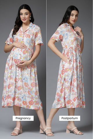 Cream Maternity Fit & Flare Zipless Feeding Dress