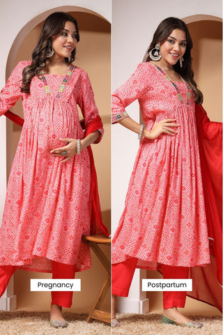 Blush Blossom Maternity Kurta Set With Contrast Dupatta