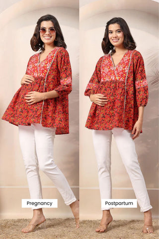 Rust Red Floral Printed Maternity Feeding top with Gold Embroidery