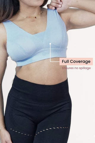 M-Blue Feeding Bra; easy one-hand nursing access allows simple feeding moments.