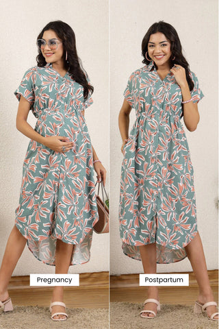 Pastel Green All Over Printed Zipless Maternity Feeding Dress