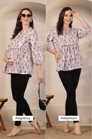 Pink Ikat Feeding Top; zips allow fast breastfeeding access.