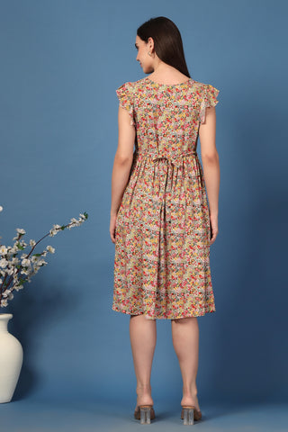 Close Up of Soft Fabric Detail on Ditsy Yellow Floral Bloom Zip Feeding Dress