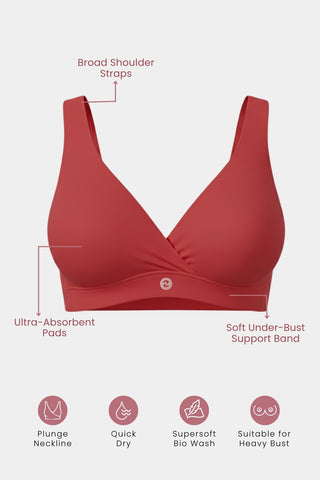 Model wearing Rust Padded Bra; scoop neck accommodates various outer garment necklines.