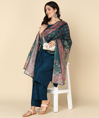 Peacock Blue Maternity Suit Set with Dupatta with Pocket - House Of Zelena™