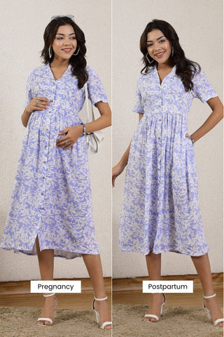 Blue All Over Print Dress; print design provides a stylish look for day outings.