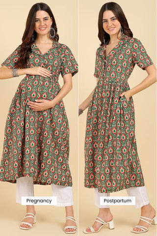 Green All Over Printed Zipless Feeding Kurti