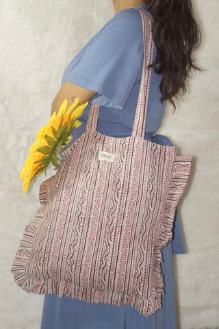 Handcrafted 100% Rayon Carry Bag with Ruffled Edges - Multi
