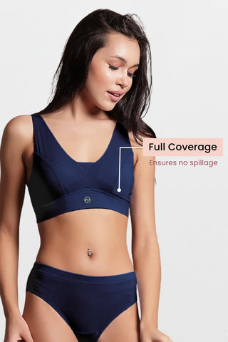 Navy Padded Bra back; hook-and-eye back closure provides customized fit.