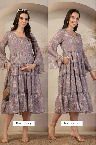 Blush Floral Printed Maternity Feeding Tiered Dress